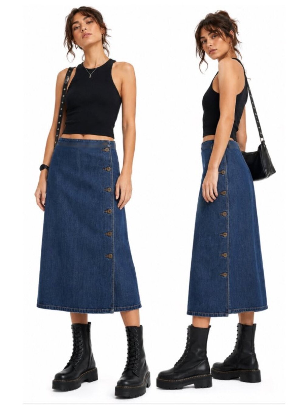 Moussy Button-Front High Rise Midi Denim Skirt Indigo Size 2 A-Line